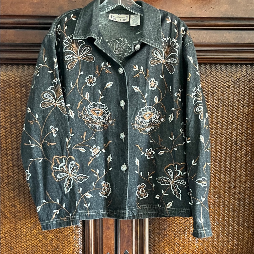 new directions Black Denim Jacket with White and Tan Floral Embroidery